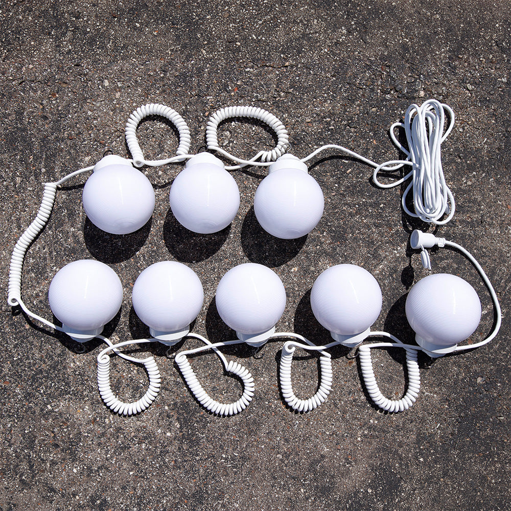 8-Globe Light Set - White Globes with White Curly String Cord